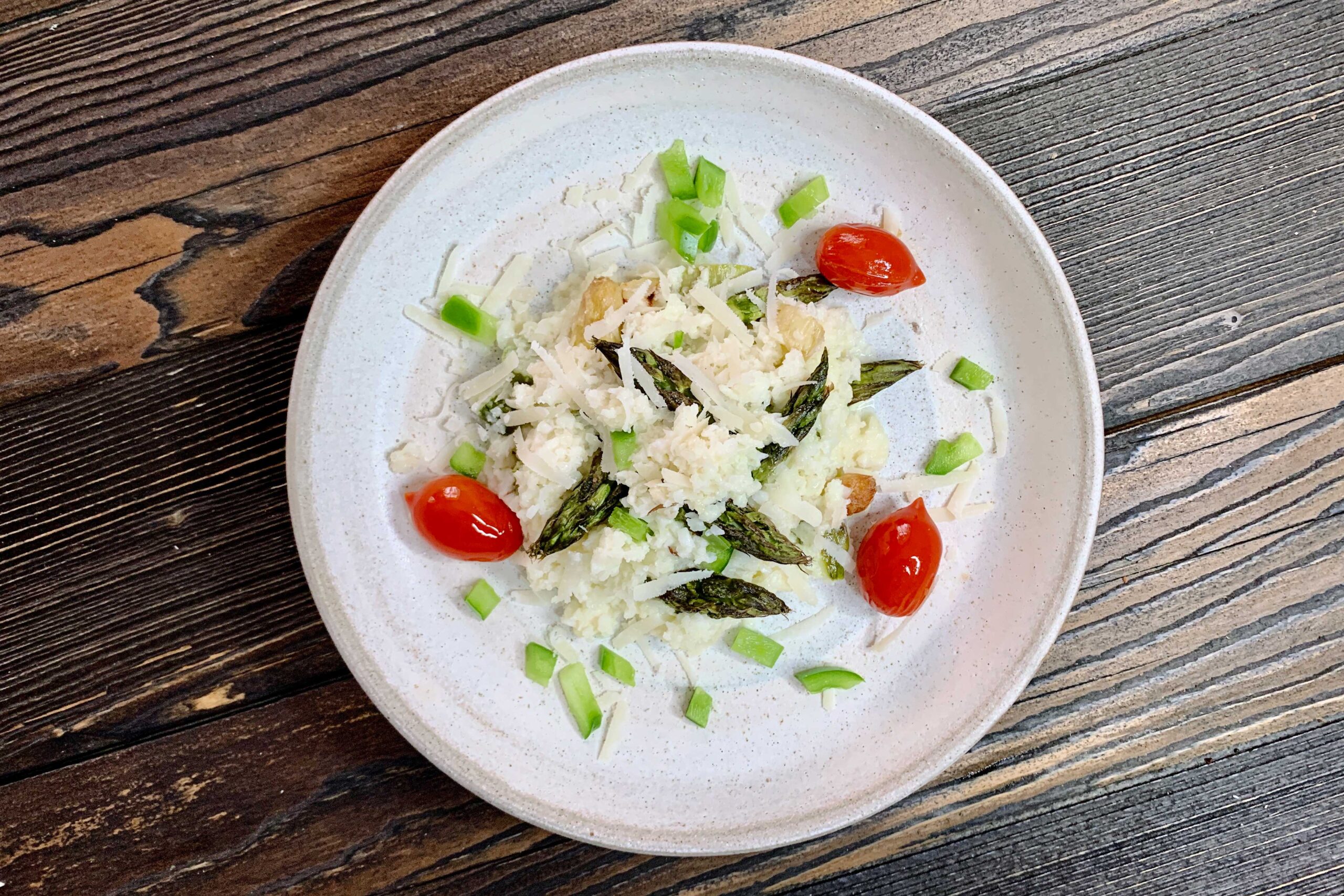 Cauliflower Risotto with Asparagus and Tomatoes