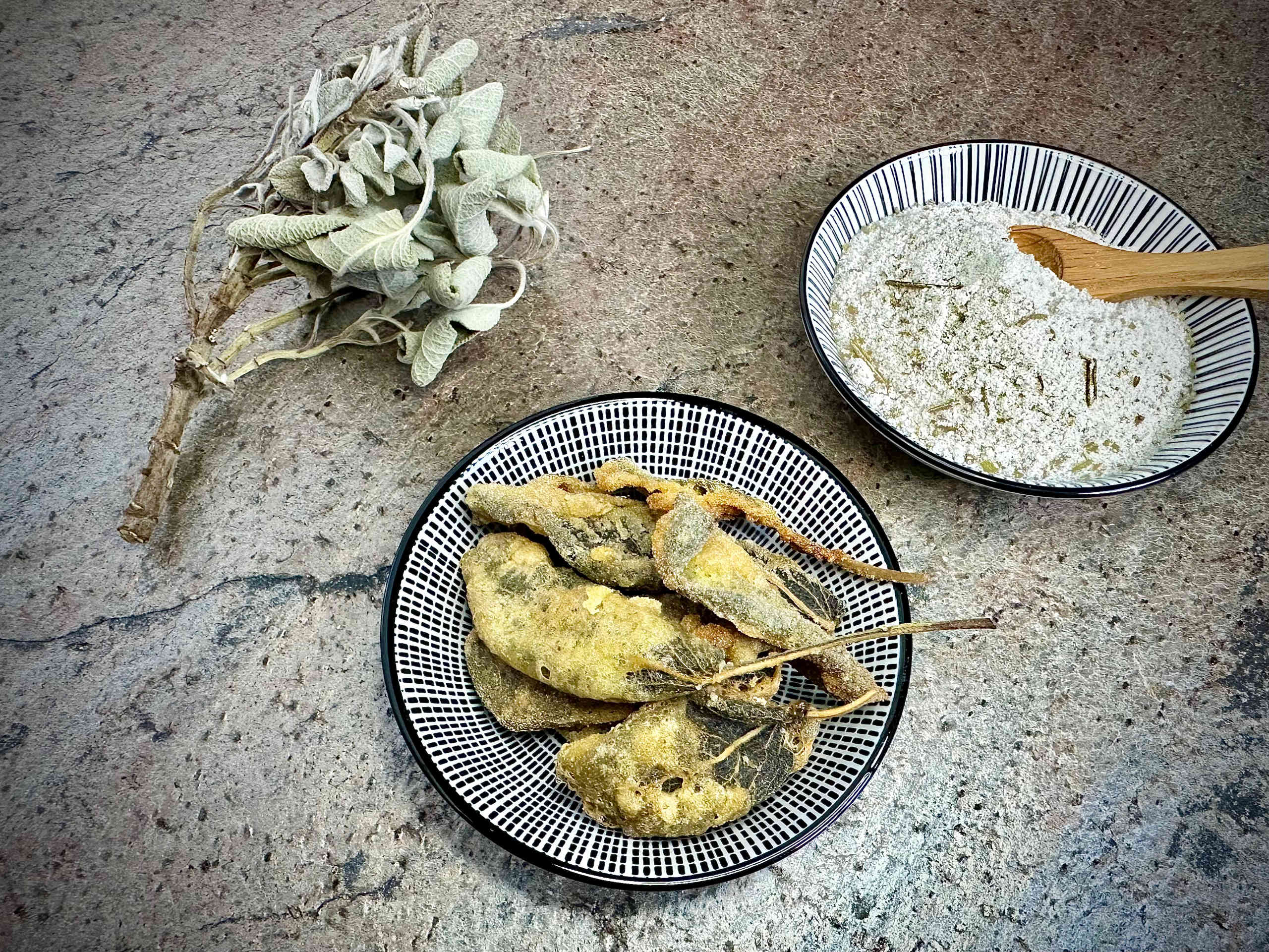 Crispy fried sage leaves with rice flour