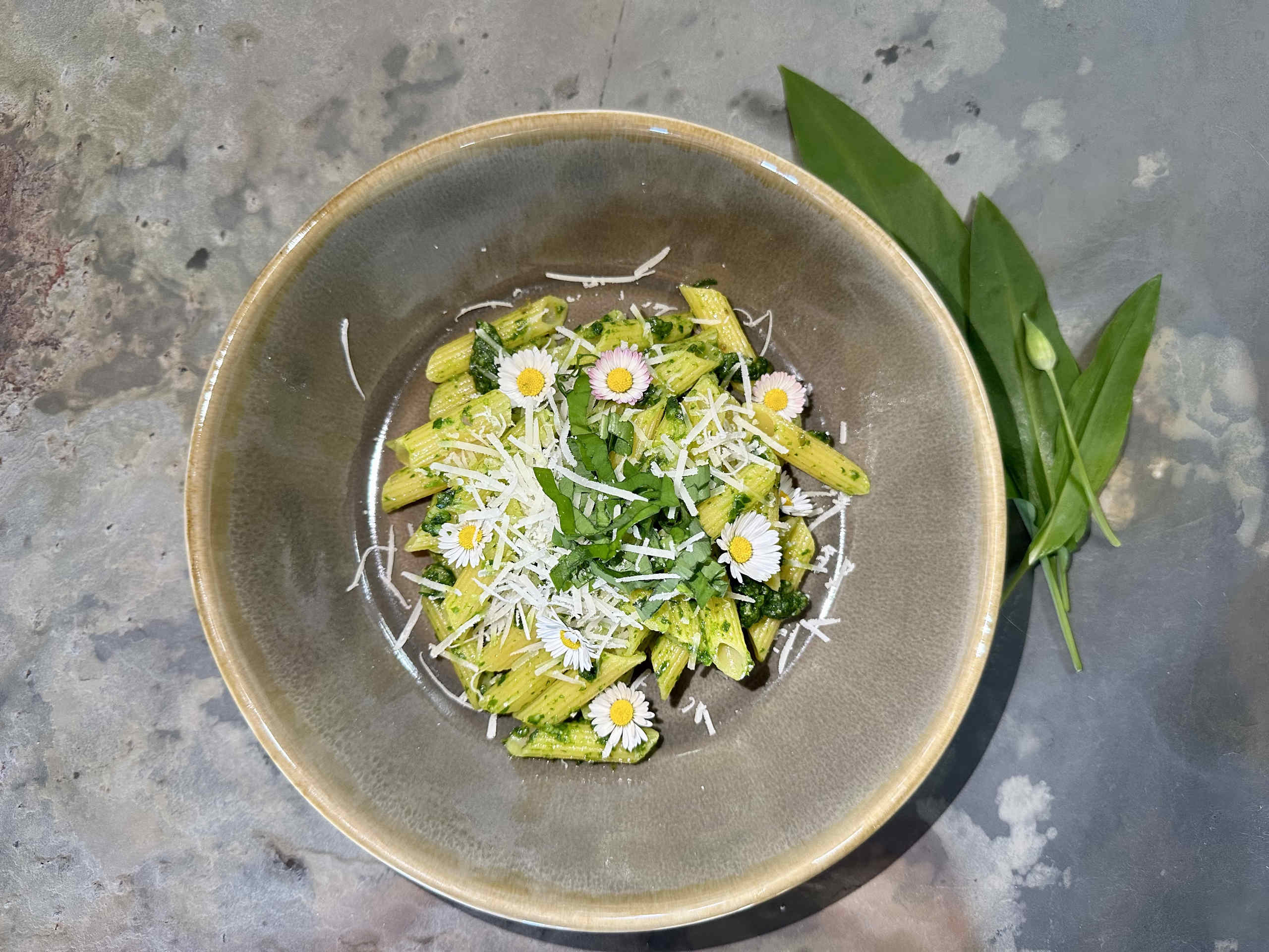Penne with wild garlic pesto