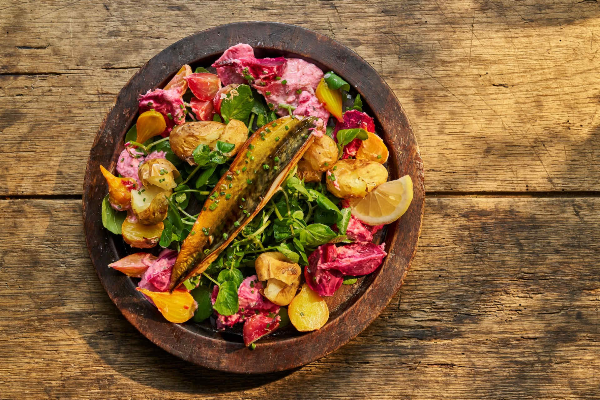 Hot-smoked mackerel by Jamie Oliver with horseradish dressing